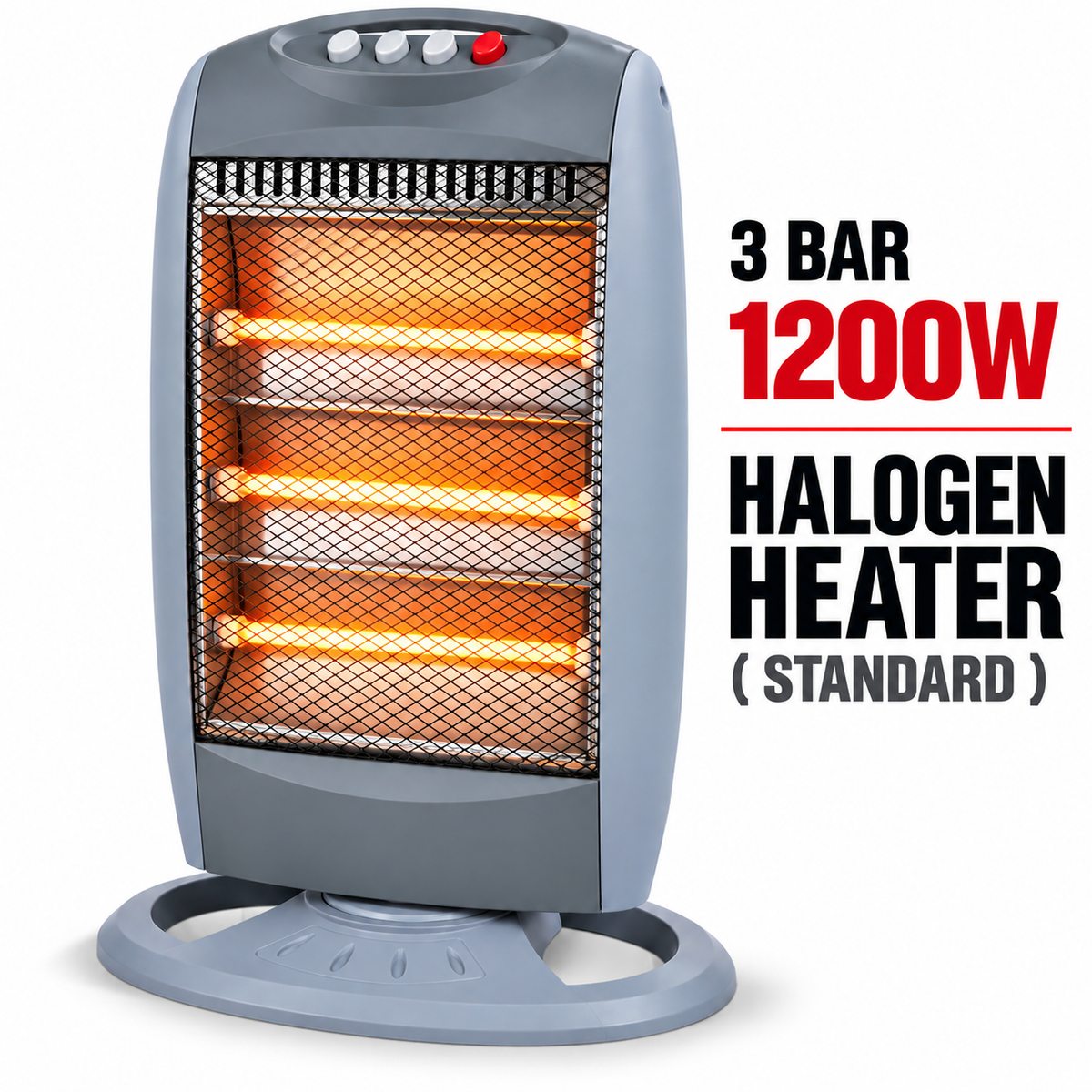 Single 1200W 3-Tube Oscillating Halogen Heater – Light Grey/ Standard