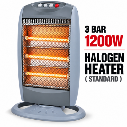 Single 1200W 3-Tube Oscillating Halogen Heater – Light Grey/ Standard