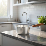 14cm Stainless Steel Milk Pan with Wooden Handle – Pouring Spout, Heat-Resistant Grip, Ideal for Heating & Boiling