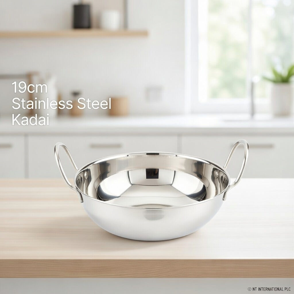 19cm Stainless Steel Balti Dish Kadai – Dual Handles, Polished Finish, Ideal for Cooking & Serving Curries