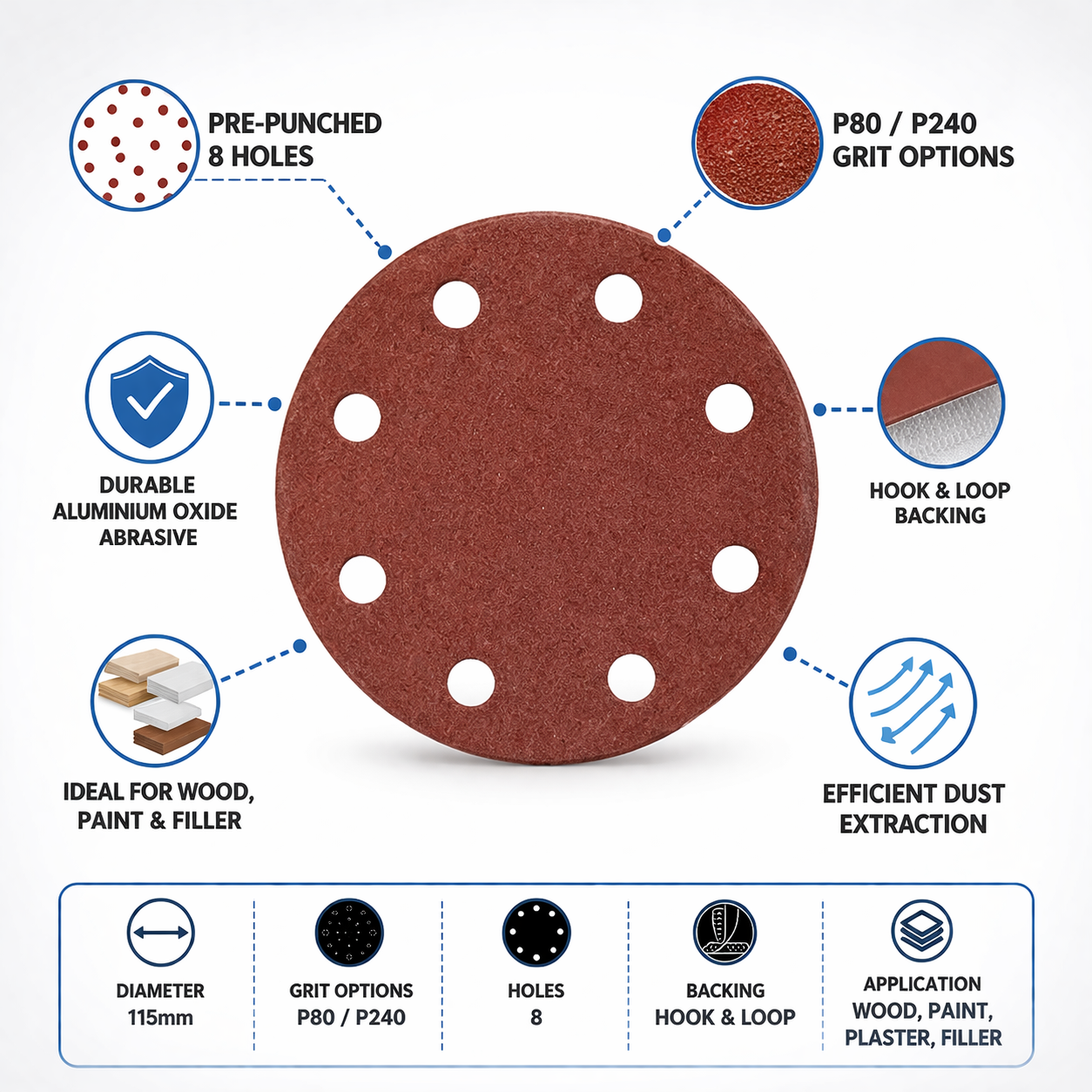 10-Piece 115mm Circular Sanding Disc Set — Hook & Loop Fastening | 8 Pre-Punched Holes | Available in P80 & P240 Grit for Wood & Painted Surfaces