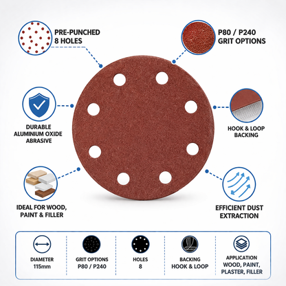 10-Piece 115mm Circular Sanding Disc Set — Hook & Loop Fastening | 8 Pre-Punched Holes | Available in P80 & P240 Grit for Wood & Painted Surfaces
