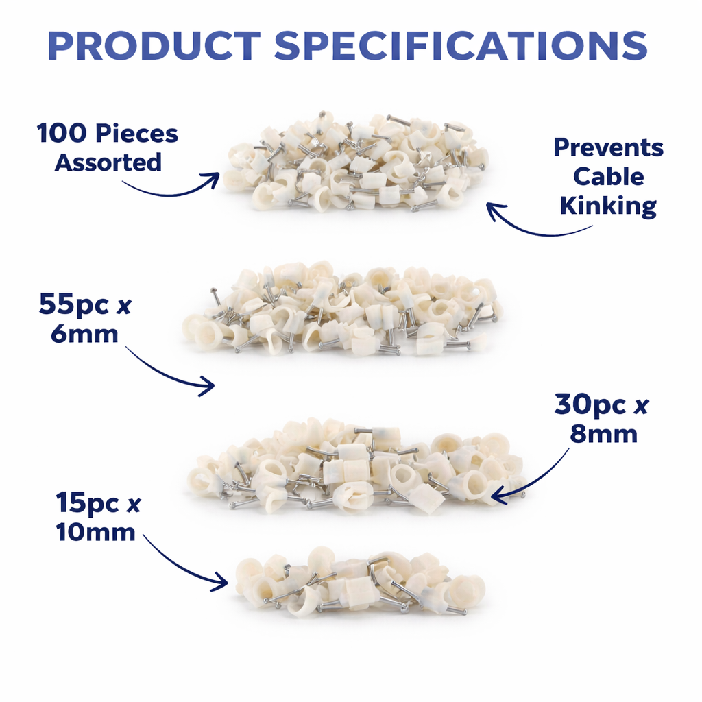 100-Piece Assorted Cable Clips with Nails — 6mm, 8mm & 10mm White Plastic Wire Clips for TV, Phone, Computer & Stereo Cables