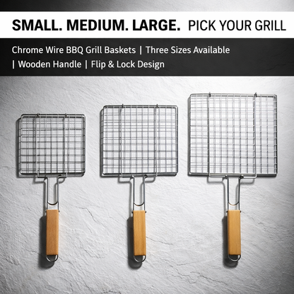 Chrome Wire BBQ Grill Basket with Wooden Handle – Available in 3 Sizes: 25.5x26CM, 34.5x21.5CM & 22.5x34.5CM – Fish, Meat & Vegetable Grilling Basket for Charcoal & Gas Barbecue