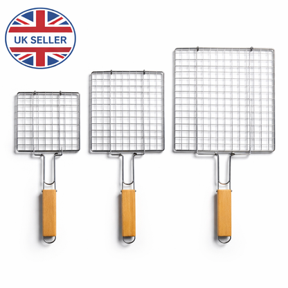 Chrome Wire BBQ Grill Basket with Wooden Handle – Available in 3 Sizes: 25.5x26CM, 34.5x21.5CM & 22.5x34.5CM – Fish, Meat & Vegetable Grilling Basket for Charcoal & Gas Barbecue