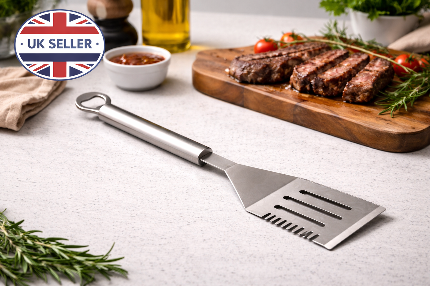 BBQ Slotted Turner – Stainless Steel Spatula with Bottle Opener, 46cm