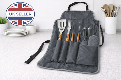 7-Piece Stainless Steel BBQ Tool Set with Gourmet Apron, Oven Mitt & Carry Case — Complete Outdoor Grilling Kit