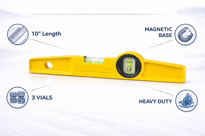 10" Magnetic Scaffold Spirit Level — 250mm Torpedo Level with 90° Vial for Trade & DIY Use
