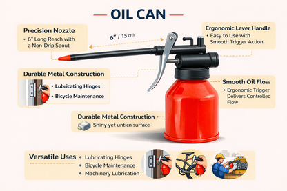 Pump Action Oil Can with Long Spout – Metal Body Precision Lubricator for Workshop Garage Machinery Bike Chain Tools