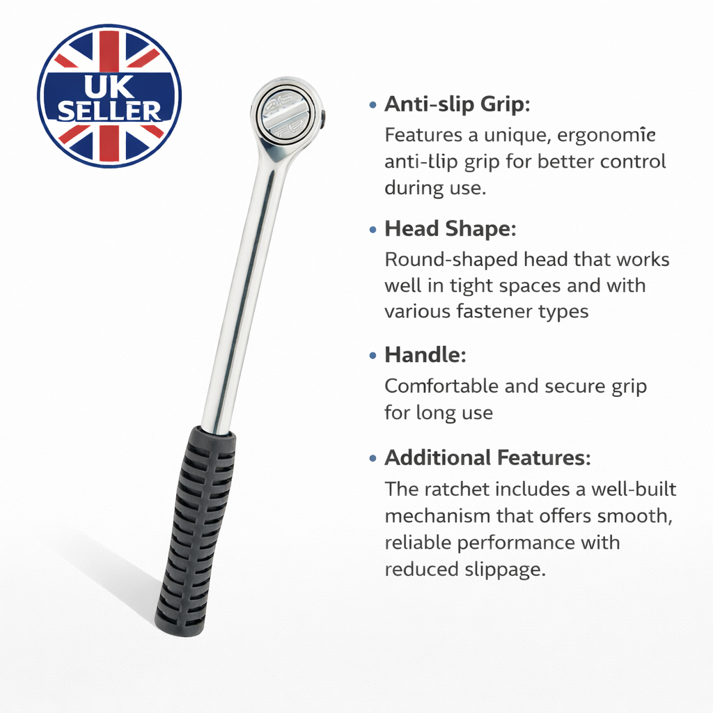 1/2 Inch Drive Ratchet Wrench – Drop Forged Carbon Steel Round Head Reversible Socket Wrench Rubber Grip Garage Workshop