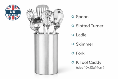 Stainless Steel Kitchen Utensil Set with Holder – 5 Piece Cooking Spoon Ladle Slotted Spoon Skimmer Spatula Caddy Stand