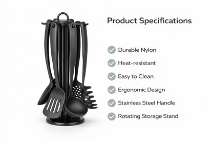 6 Piece Black Nylon Kitchen Utensil Set with Rotating Stand – Spatula Serving Spoon Pasta Fork Skimmer Carousel Holder