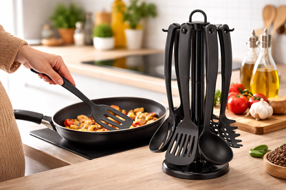 6 Piece Black Nylon Kitchen Utensil Set with Rotating Stand – Spatula Serving Spoon Pasta Fork Skimmer Carousel Holder