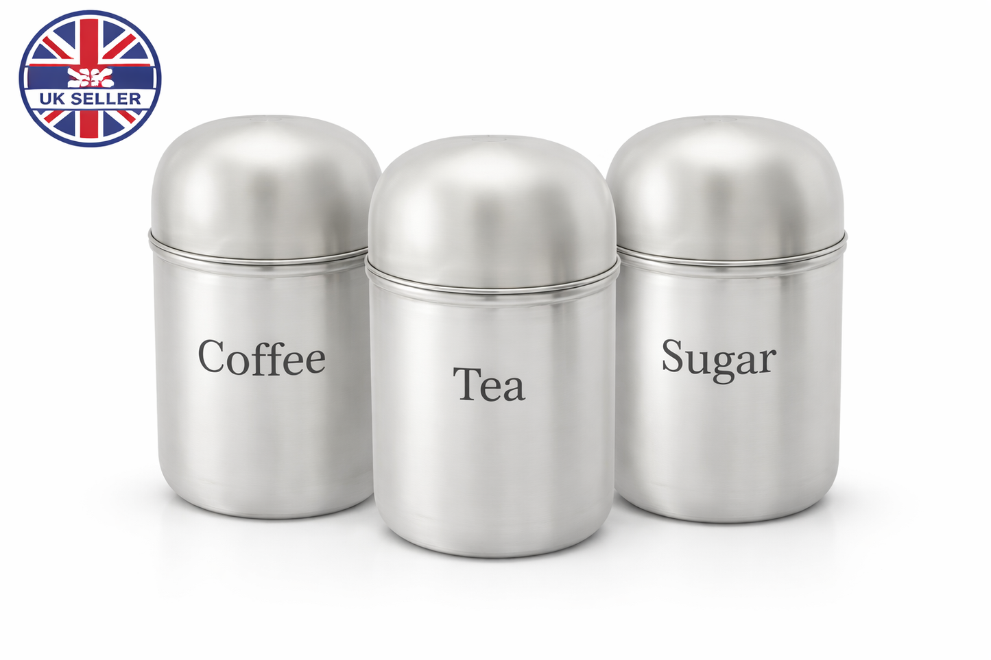 3 Piece Stainless Steel Tea Coffee Sugar Canister Set – Brushed Steel Dome Lid Kitchen Storage Jars Worktop Caddy Set
