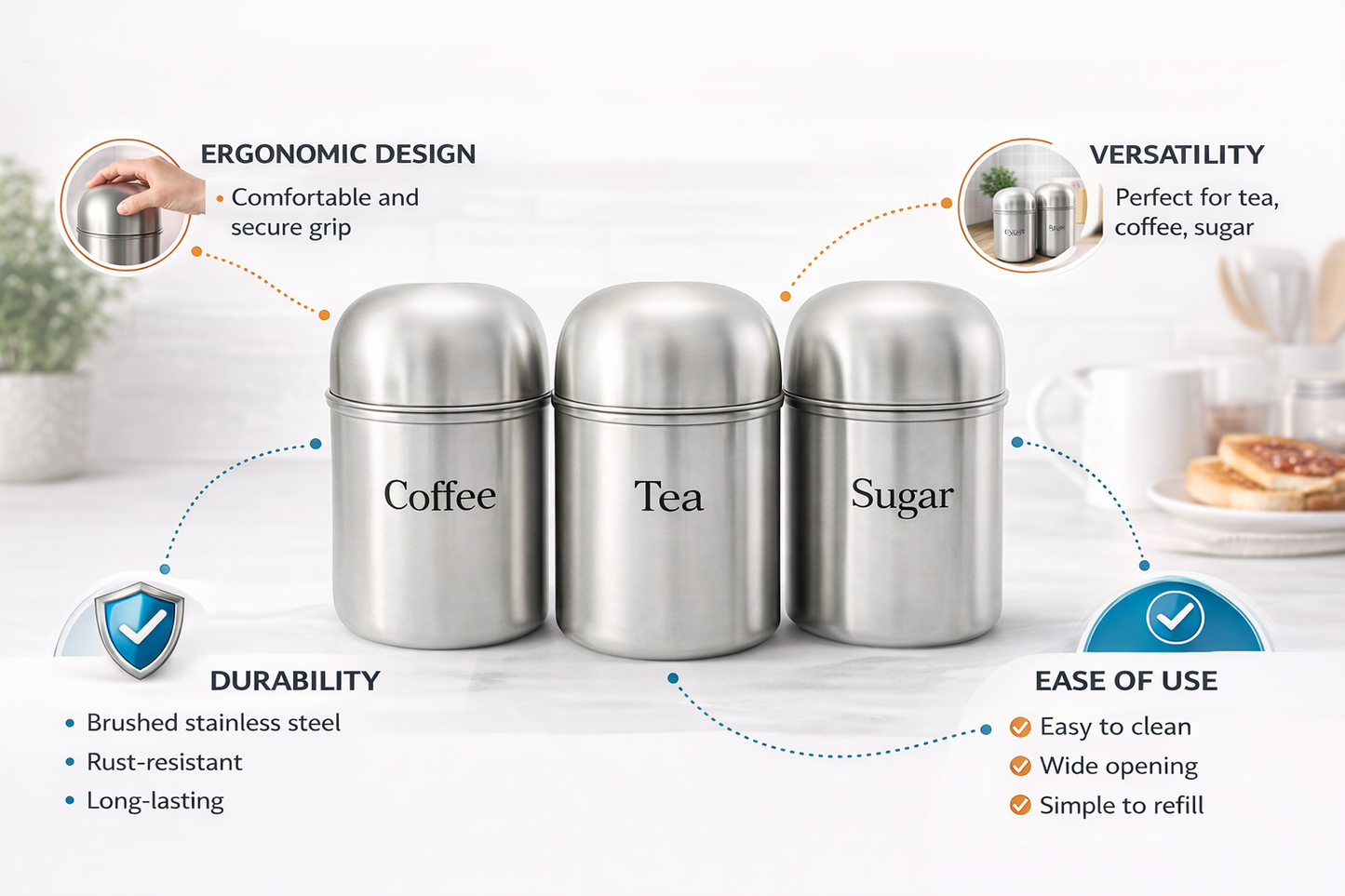 3 Piece Stainless Steel Tea Coffee Sugar Canister Set – Brushed Steel Dome Lid Kitchen Storage Jars Worktop Caddy Set