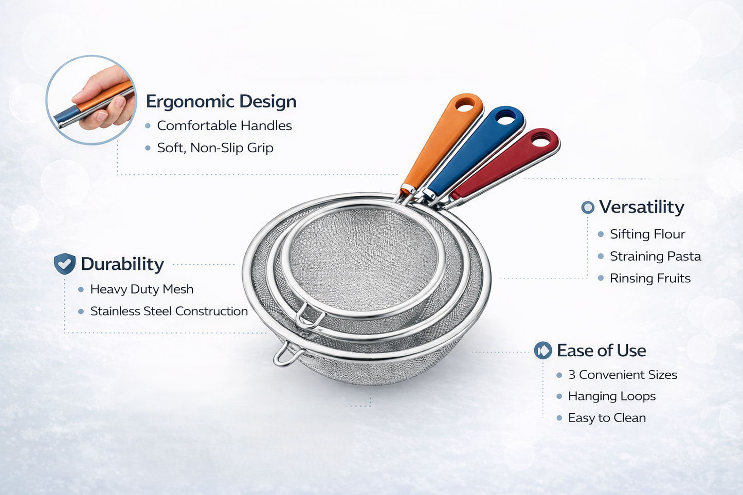 3 Piece Stainless Steel Fine Mesh Strainer Set – Small Kitchen Sieve with Coloured Handle Tea Flour Sauce Strainer Set