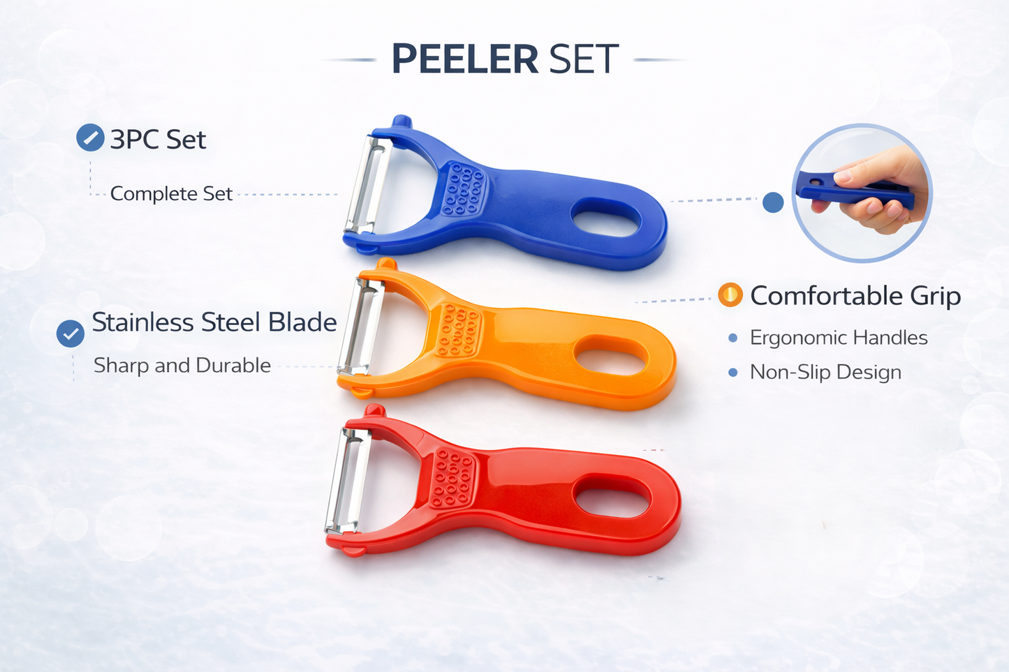 3 Piece Vegetable Peeler Set – Stainless Steel Blade Y Peeler Blue Orange Red Plastic Handle Potato Fruit Veg Kitchen Tool
