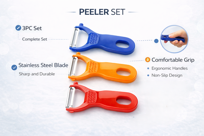 3 Piece Vegetable Peeler Set – Stainless Steel Blade Y Peeler Blue Orange Red Plastic Handle Potato Fruit Veg Kitchen Tool
