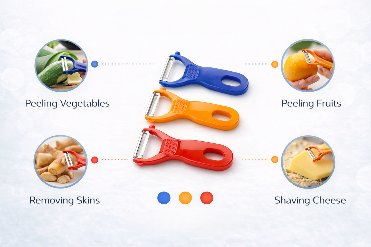 3 Piece Vegetable Peeler Set – Stainless Steel Blade Y Peeler Blue Orange Red Plastic Handle Potato Fruit Veg Kitchen Tool