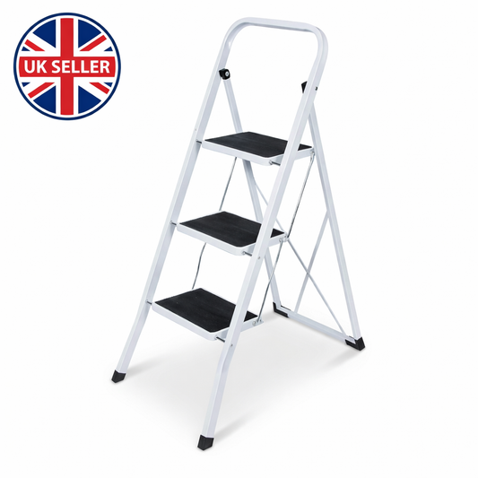 3 Step Folding Steel Step Ladder – Anti-Slip Steps Safety Handle Rubber Feet Lightweight Home Kitchen Loft DIY Use