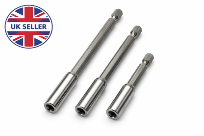 3 Piece Magnetic Bit Holder Set – 75mm 100mm 150mm, Universal 1/4 Inch Hex Shank, Steel Body