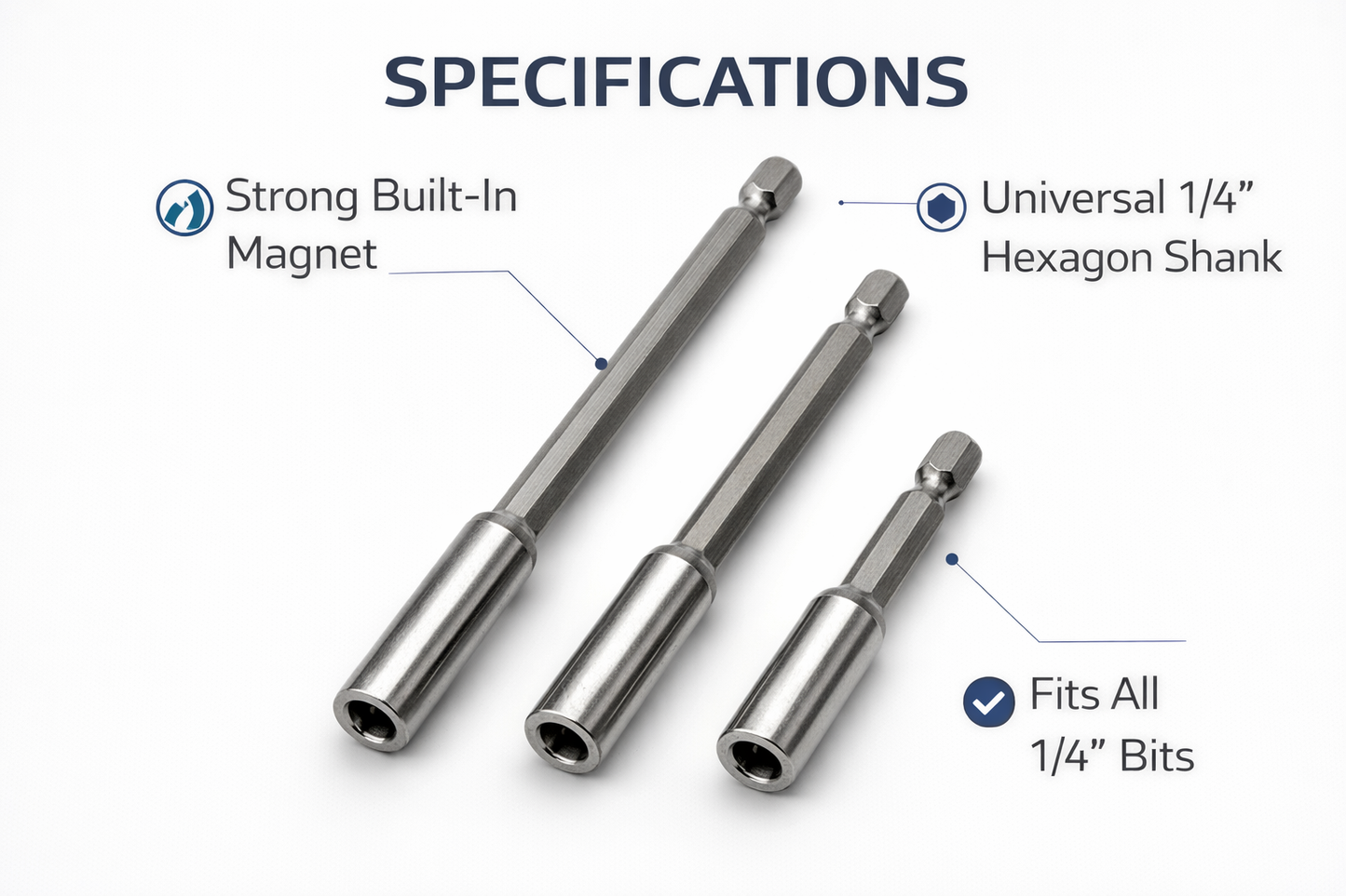3 Piece Magnetic Bit Holder Set – 75mm 100mm 150mm, Universal 1/4 Inch Hex Shank, Steel Body