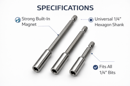 3 Piece Magnetic Bit Holder Set – 75mm 100mm 150mm, Universal 1/4 Inch Hex Shank, Steel Body