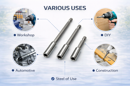 3 Piece Magnetic Bit Holder Set – 75mm 100mm 150mm, Universal 1/4 Inch Hex Shank, Steel Body