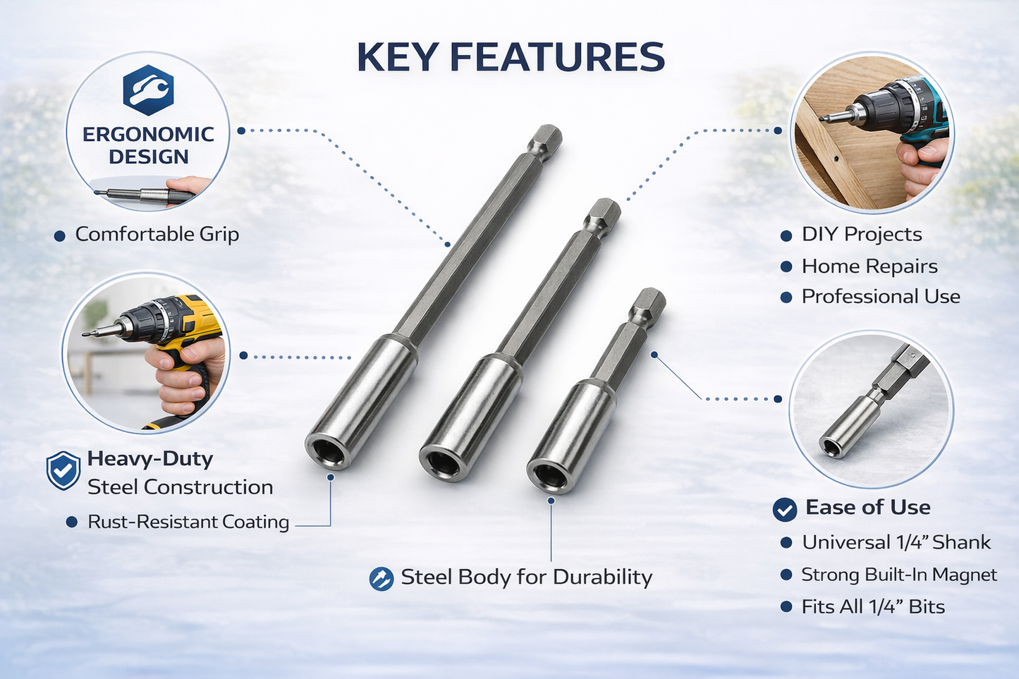 3 Piece Magnetic Bit Holder Set – 75mm 100mm 150mm, Universal 1/4 Inch Hex Shank, Steel Body