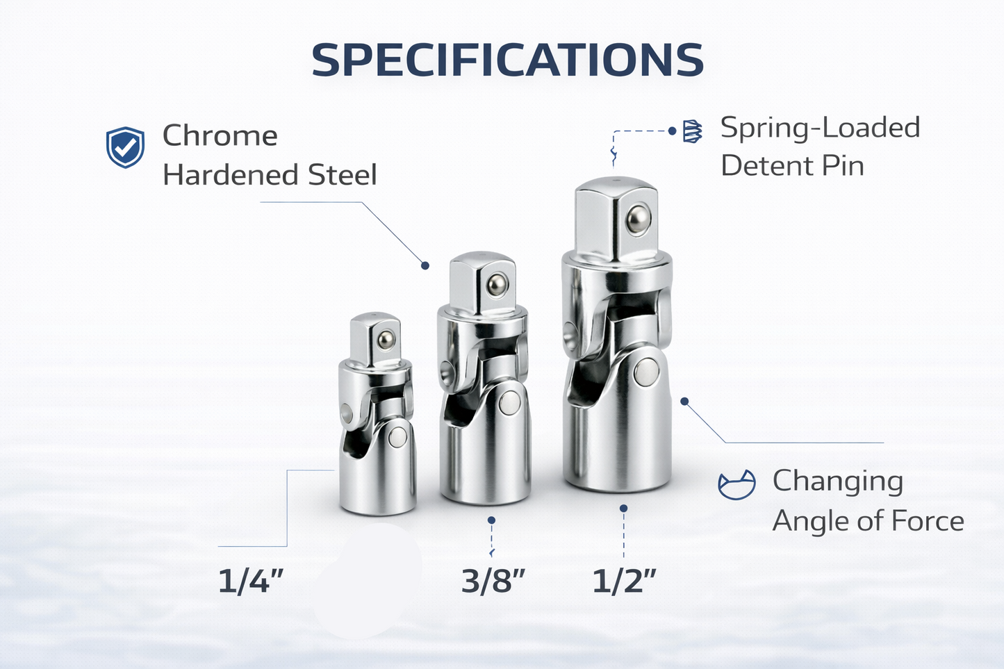 3 Piece Universal Joint Set – 1/4 3/8 1/2 Inch Drive, Chrome Plated Hardened Steel, Detent Ball