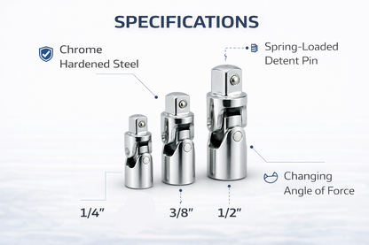 3 Piece Universal Joint Set – 1/4 3/8 1/2 Inch Drive, Chrome Plated Hardened Steel, Detent Ball