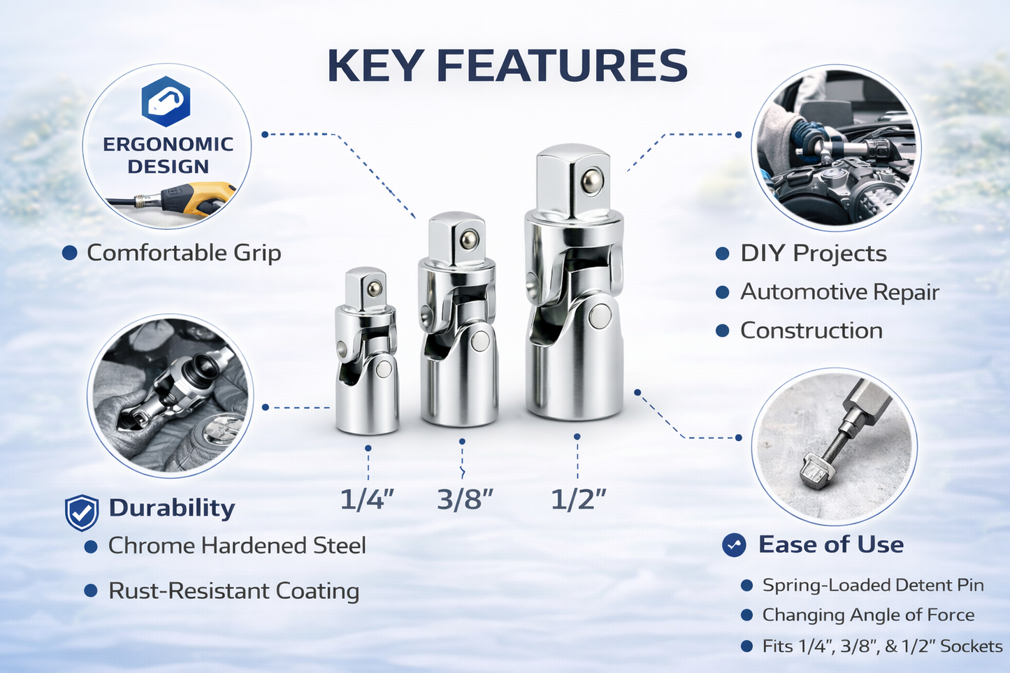 3 Piece Universal Joint Set – 1/4 3/8 1/2 Inch Drive, Chrome Plated Hardened Steel, Detent Ball