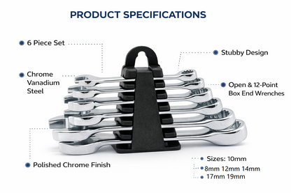 6 Piece Stubby Combination Spanner Set – 8 10 12 14 17 19mm, Drop Forged Carbon Steel, Chrome Plated