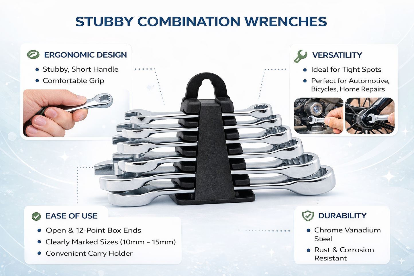 6 Piece Stubby Combination Spanner Set – 8 10 12 14 17 19mm, Drop Forged Carbon Steel, Chrome Plated