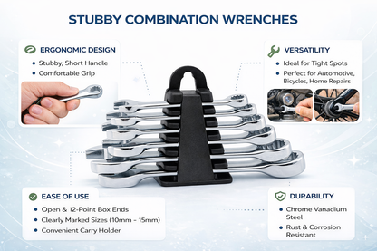 6 Piece Stubby Combination Spanner Set – 8 10 12 14 17 19mm, Drop Forged Carbon Steel, Chrome Plated
