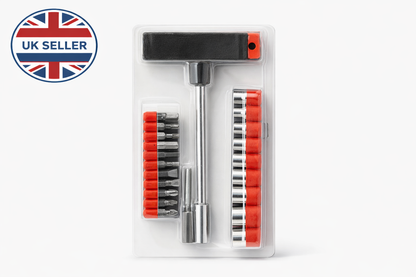 22 Piece T-Handle Combination Tool Set – 1/4 Drive, Sockets, Phillips Slotted Hex Torx Bits, Extension Bar