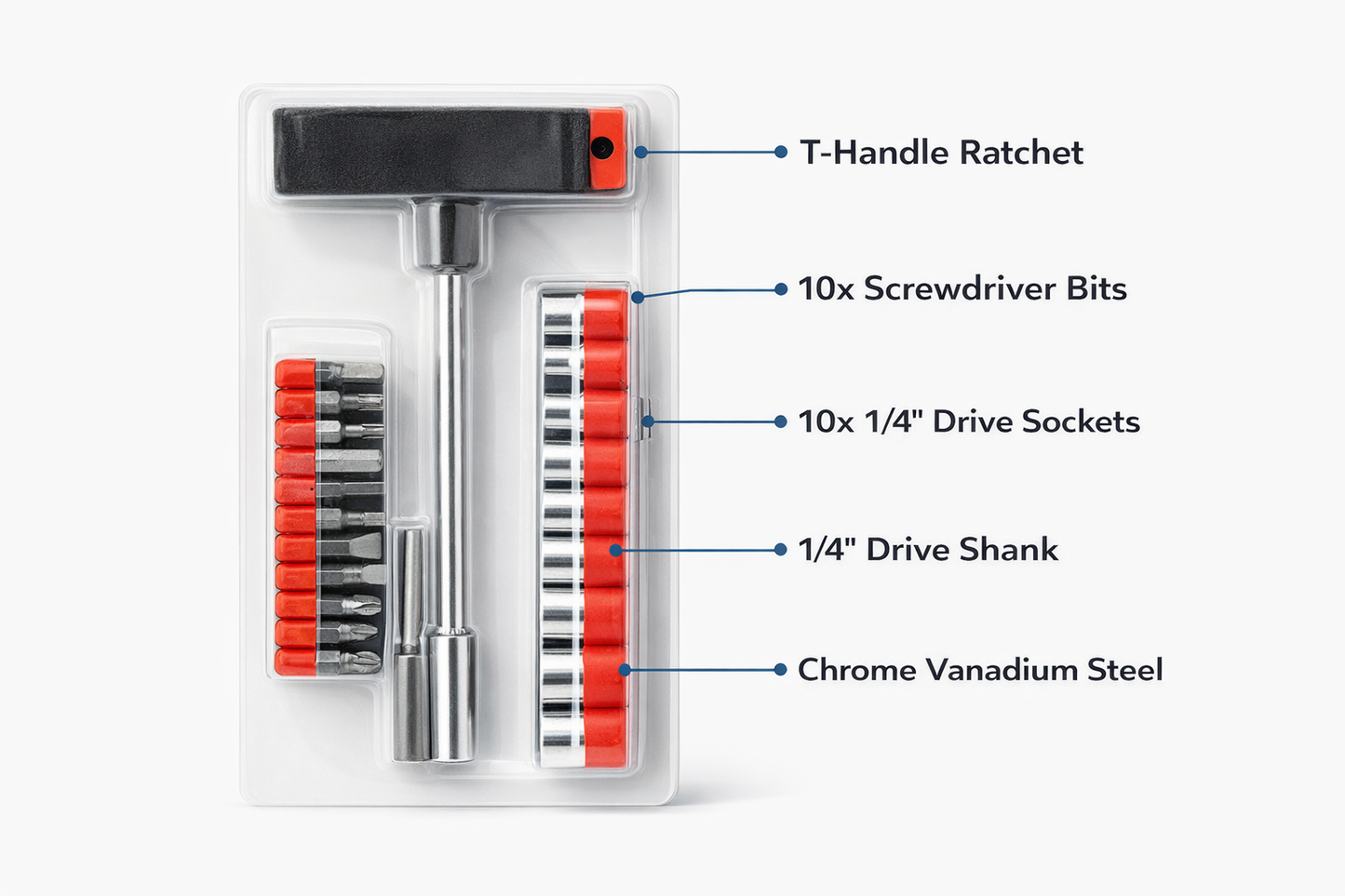 22 Piece T-Handle Combination Tool Set – 1/4 Drive, Sockets, Phillips Slotted Hex Torx Bits, Extension Bar