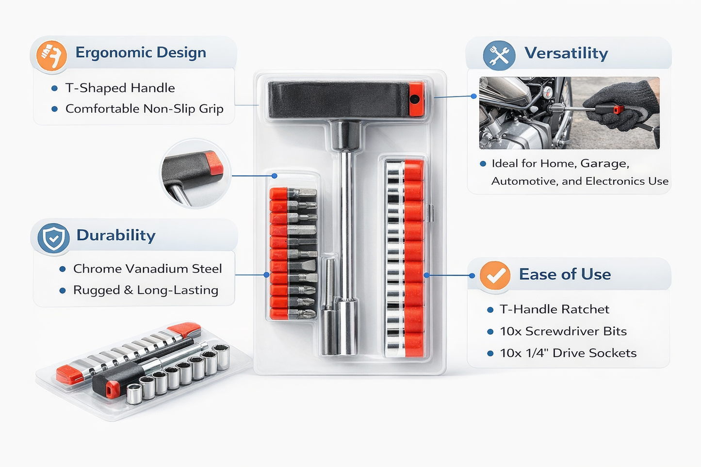 22 Piece T-Handle Combination Tool Set – 1/4 Drive, Sockets, Phillips Slotted Hex Torx Bits, Extension Bar