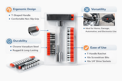 22 Piece T-Handle Combination Tool Set – 1/4 Drive, Sockets, Phillips Slotted Hex Torx Bits, Extension Bar