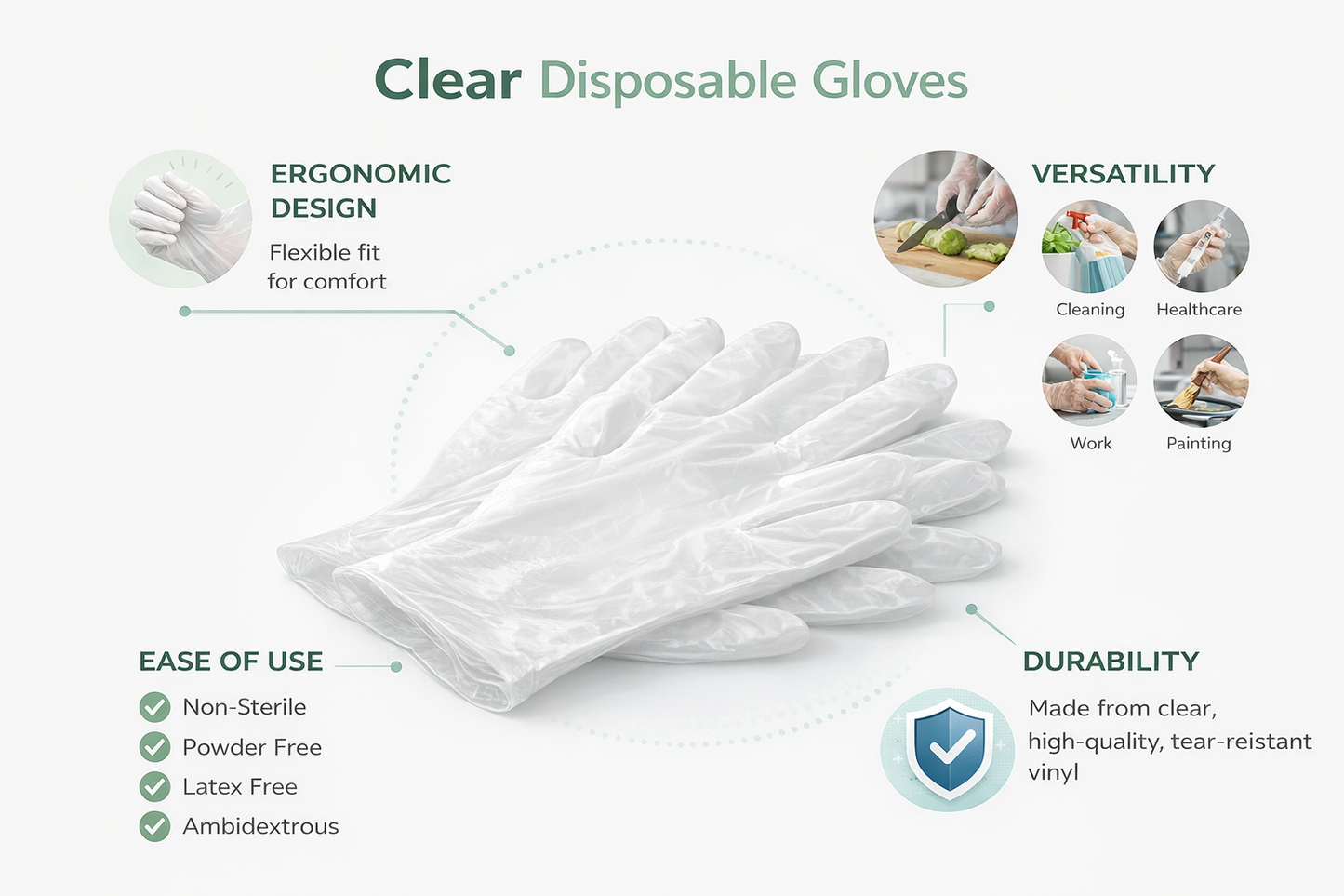 100 Clear Vinyl Disposable Gloves – Powder Free, Latex Free, Non-Sterile, Food Safe – S M L XL