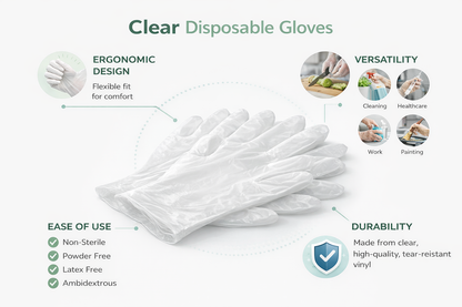 100 Clear Vinyl Disposable Gloves – Powder Free, Latex Free, Non-Sterile, Food Safe – S M L XL