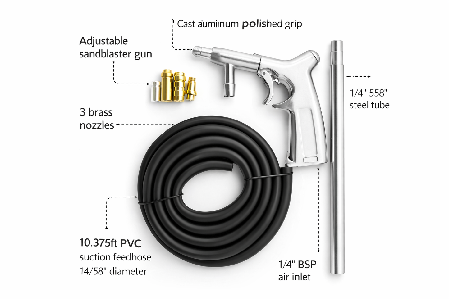 Air Sandblasting Kit – Cast Aluminium Pistol Gun, 1.5m Siphon Hose, 3 Nozzles, 30–73 PSI, 1/4" BSP