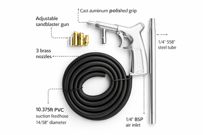 Air Sandblasting Kit – Cast Aluminium Pistol Gun, 1.5m Siphon Hose, 3 Nozzles, 30–73 PSI, 1/4" BSP