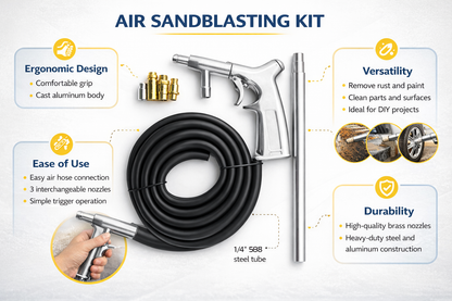 Air Sandblasting Kit – Cast Aluminium Pistol Gun, 1.5m Siphon Hose, 3 Nozzles, 30–73 PSI, 1/4" BSP