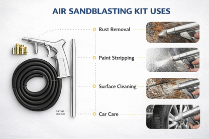 Air Sandblasting Kit – Cast Aluminium Pistol Gun, 1.5m Siphon Hose, 3 Nozzles, 30–73 PSI, 1/4" BSP