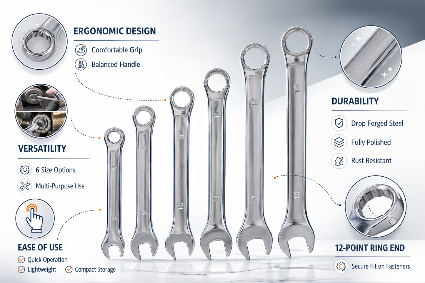 6 Piece Combination Wrench Set – Drop Forged Steel, Chrome Plated, 12-Point Ring, 6 8 10 11 13 14mm
