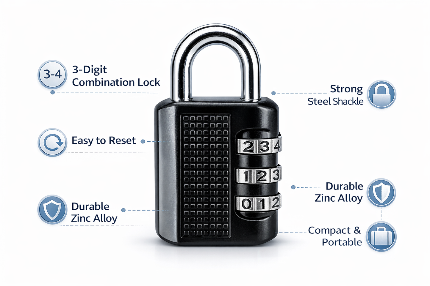 3-Digit Resettable Combination Padlock – Zinc Alloy Body, Chrome Shackle, Keyless, Two Sizes