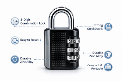3-Digit Resettable Combination Padlock – Zinc Alloy Body, Chrome Shackle, Keyless, Two Sizes