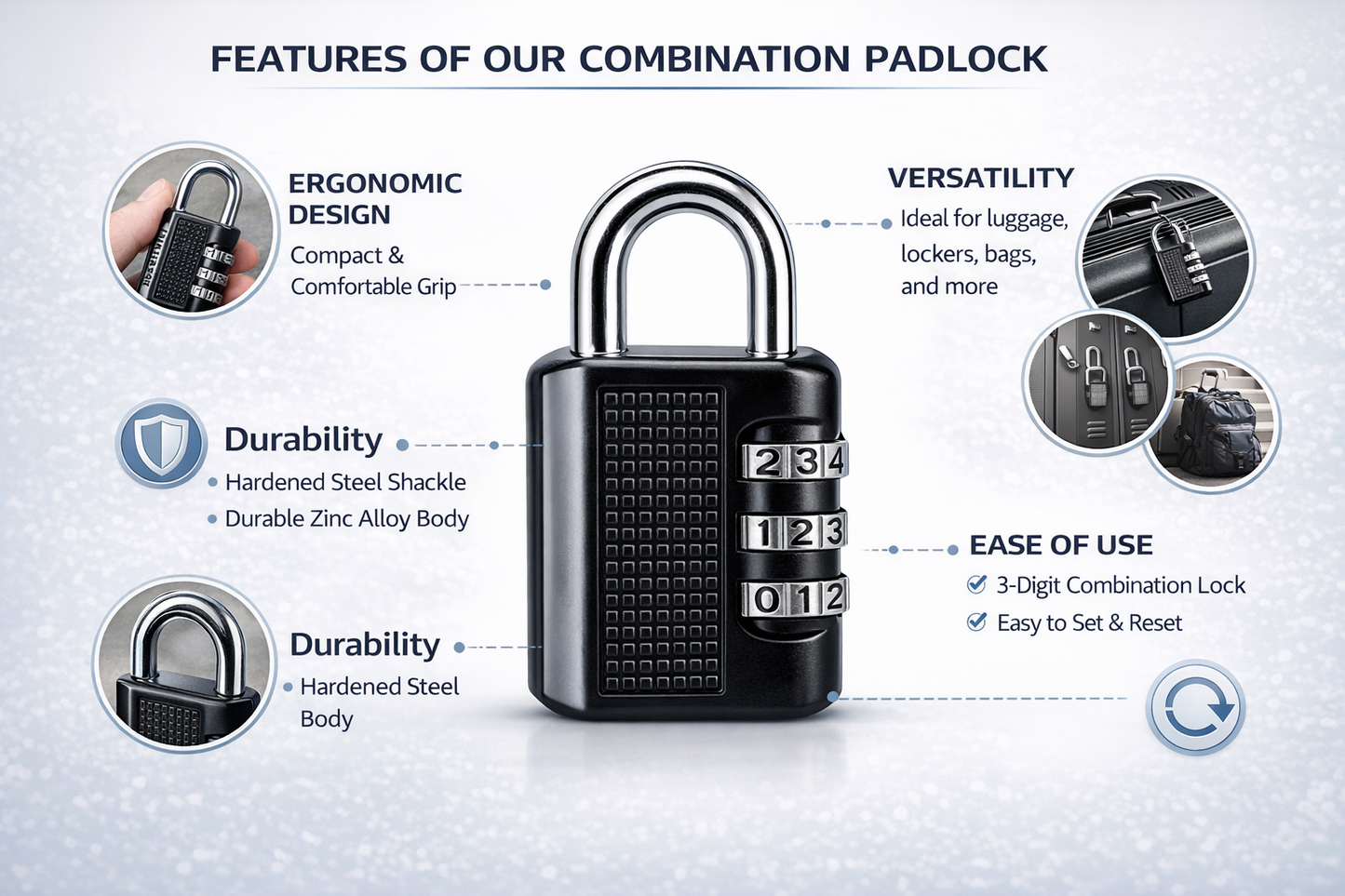3-Digit Resettable Combination Padlock – Zinc Alloy Body, Chrome Shackle, Keyless, Two Sizes