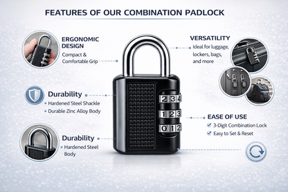 3-Digit Resettable Combination Padlock – Zinc Alloy Body, Chrome Shackle, Keyless, Two Sizes